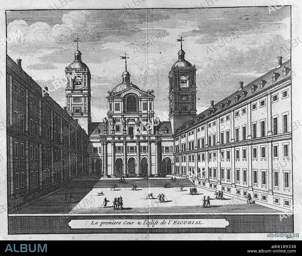 EL PATIO DE LOS REYES DEL MONASTERIO DEL ESCORIAL - GRABADO SIGLO XIX.