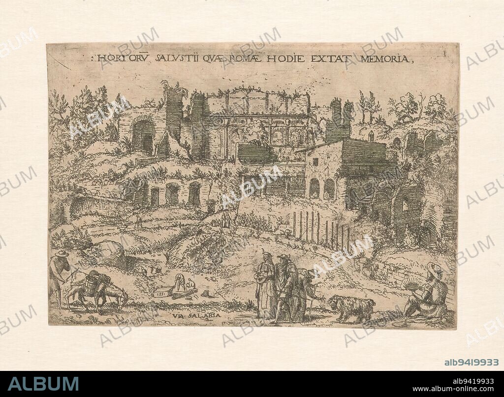 Lust Gardens of Salustius at Rome, The lust gardens of the Roman historian Salustius, located on the Via Salaria at Rome. Walking in the gardens include a man with a donkey and a woman with a lute., print maker: anonymous, Italy, 1551, Japanese paper (handmade paper), etching, height 165 mm × width 238 mm.
