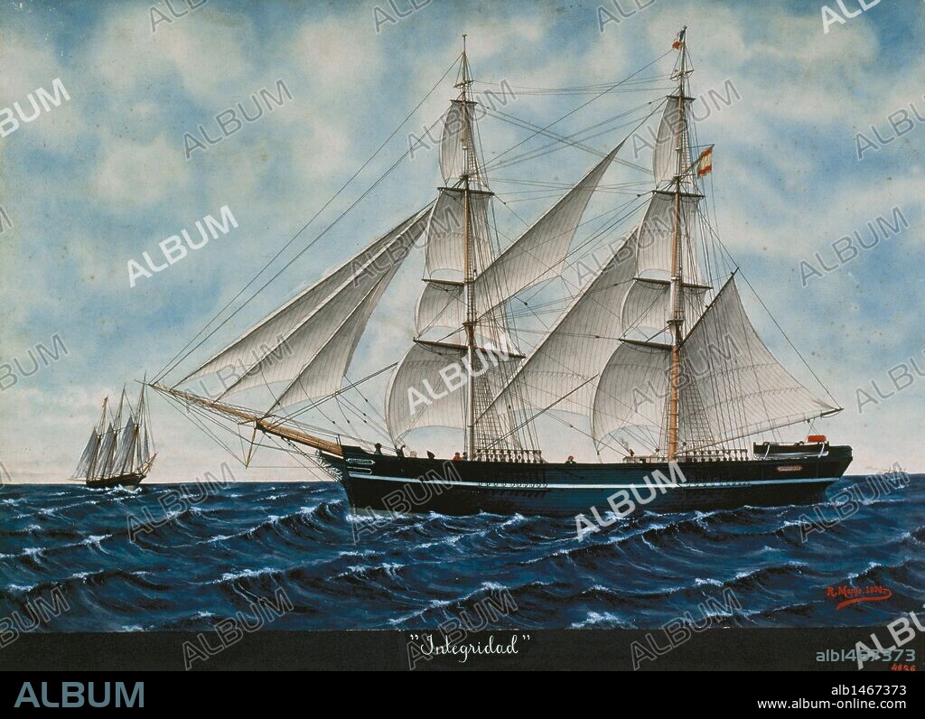 Bergantín "Integridad". Construido en Mataró-Calella (provincia de Barcelona, comarca del Maresme, Cataluña). Acuarela de R. Monjo (1894). Museu Marítim de Barcelona. Cataluña.