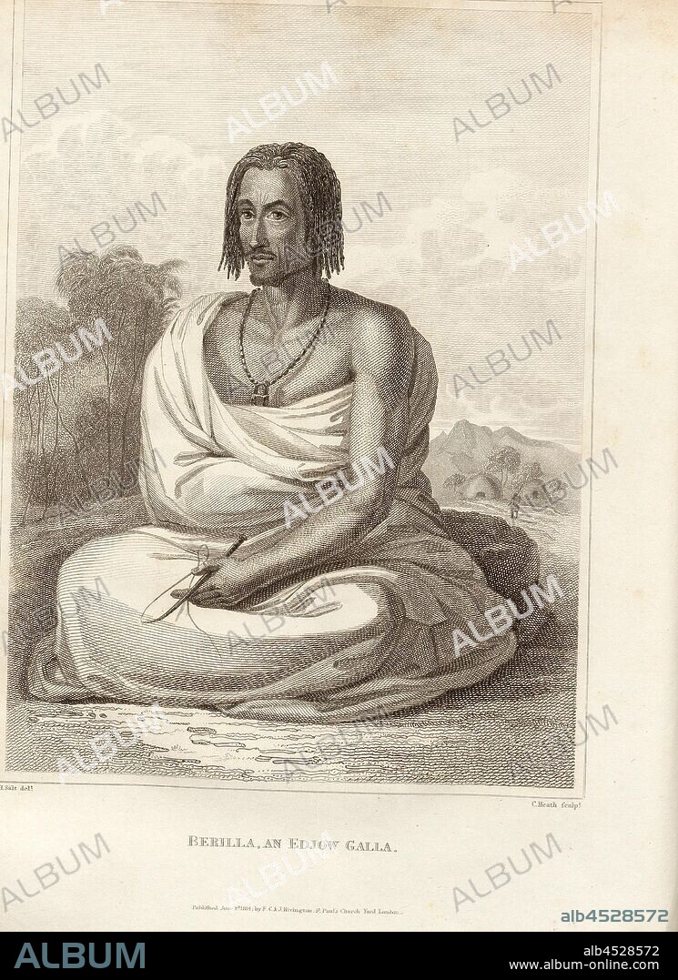 Berilla, an Edjow Galla, Portrait of Berilla, a member of the Galla tribe, after p. 336, p. 394, Salt, Henry (del.); Heath, C. (sculp.), 1814, Henry Salt: A voyage to Abyssinia, and travels into the interior of that country, executed under the orders of the British government, in the years 1809 and 1810: in which are included, an account of the Portuguese settlements on the east coast of Africa, visited in the course of the voyage: a concise narrative of late events in Arabia Felix: and some particulars respecting the aboriginal African tribes, extending from Mosambique to the borders of Egypt: together with vocabularies of their respective languages. London: Rivington, 1814.
