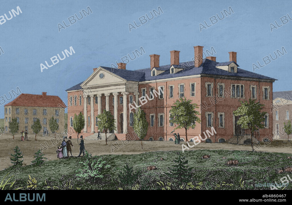 Estados Unidos. Washington. Casa de los Ministerios de Estado. Departamento del Tesoro. Grabado por Arnout y Alfred. Panorama Universal. Historia de los Estados Unidos de América, por Roux de Rochelle. Edición española, impresa en Barcelona,1850. Coloreado.