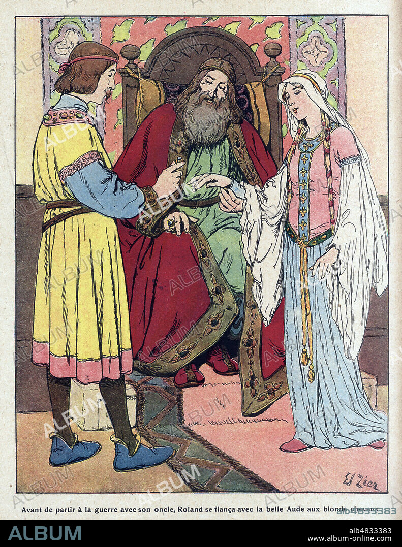 Avant de partir avec son oncle, ROLAND se fianca avec la belle Audeaux blonds cheveux. Illustration vers 1920 de Edouard ZIER (1866-1924) pour Charlemagne et Roland pour Les Gloires nationales. Credit : Collection Grob/Kharbine-Tapabor.