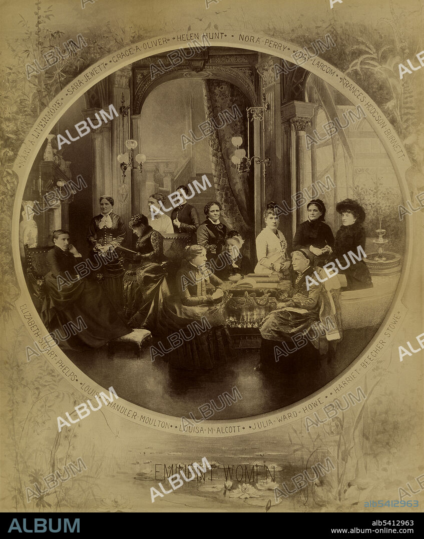 Mary Ashton Rice Livermore, Sara Orne Jewett, Grace Atkinson Oliver, Helen Hunt Jackson, Nora Perry, Lucy Larcom, Frances Eliza Hodgson Burnett, Elizabeth Stuart Phelps Ward, Ellen Louise Chandler Moulton, Louisa May Alcott, Julia Ward Howe, Harriet Elisabeth Beecher Stowe. Notman Photographic Company, 1884 (cropped and cleaned).