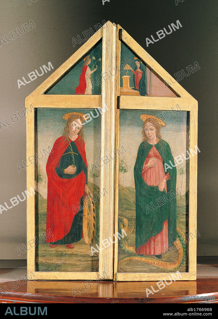 Triptych, by Unknown Lombard Artist of 15C, 15th Century,. Italy, Lombardy, Milan, Archbishopric, stored in Brera. Detail triptych St Martha St Catherine Annunciation halos aureole nimbi wheel palm of martyrdom dragon landscape plants grass angel Gabriel lily Madonna Mary Virgin green azure light blue pink red blue brown tones yellow white. Authorization required for non editorial use.