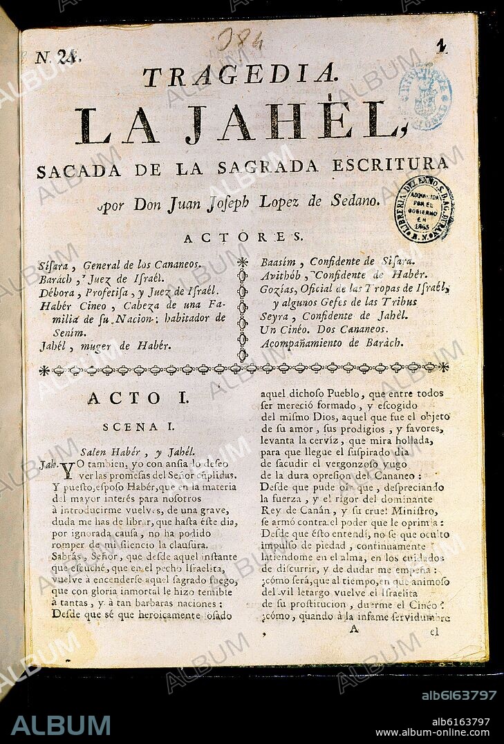 LOPEZ DE SEDANO JUAN JOSE. TRAGEDIA-LA JAHEL - SIGLO XVIII.