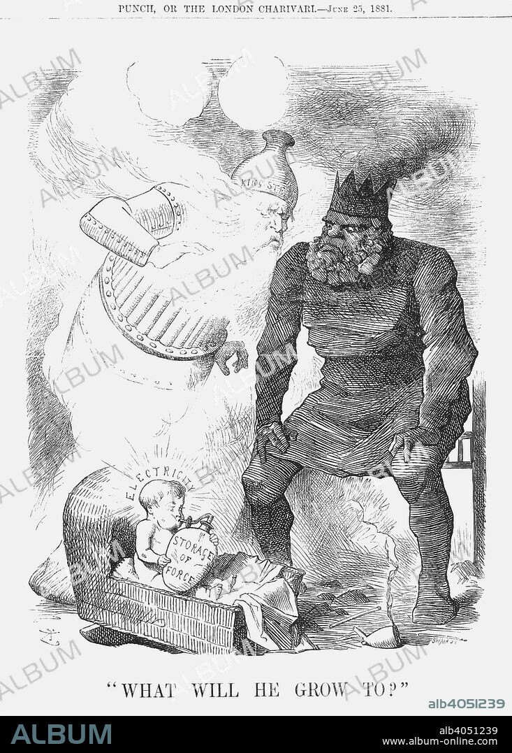 What will he grow to?, 1881. The Kings of Steam and Coal stand in awe and trepidation over the crib holding the baby Electricity. The science of electricity was the subject of much debate and discussion during the early 1880s with recent developments being displayed at the International Electrical Exhibition in Paris. Many experiments were under way to utilise electricity for public lighting in London. From Punch, or the London Charivari, June 25, 1881.
