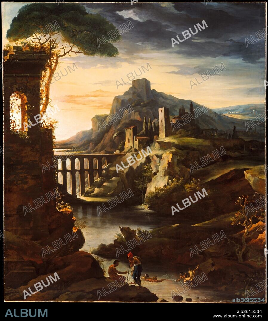THÉODORE GÉRICAULT. Evening: Landscape with an Aqueduct. Artist: Théodore Gericault (French, Rouen 1791-1824 Paris). Dimensions: 98 1/2 x 86 1/2 in. (250.2 x 219.7 cm). Date: 1818.
This work is one of a projected set of four monumental landscapes representing the times of day that Gericault painted in his Paris studio. (Only three were completed.) Conceived as a decorative ensemble, the paintings fuse souvenirs of ruins in the Italian countryside, which the artist had visited in 1816 and 1817, with the grand manner exemplified by past masters Nicolas Poussin and Joseph Vernet. The stormy sky and turbulent mood of this picture exemplify notions of the Sublime and the aesthetic of the emerging Romantic movement.