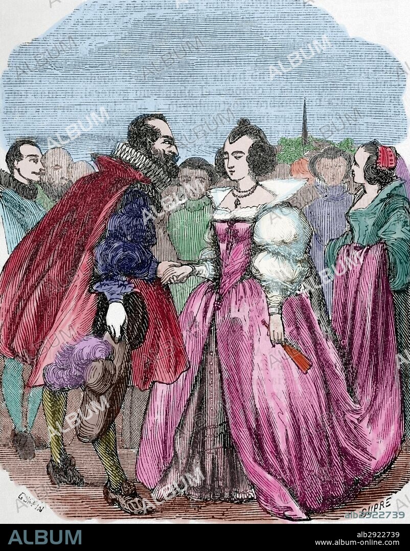MARIA DE MEDICIS (Florencia, 1573-Colonia, 1642). Reina de Francia. Hija del gran duque de Toscana Francisco II de Médicis. Casada con Enrique IV de Francia en 1600 quien le encargó la regencia del reino, que mantuvo hasta la mayoria de edad de su hijo Luis XIII. "Enrique IV recibiendo a María de Médicis". Grabado por Dupré. "Biblioteca Universal", 1851. Coloreado.