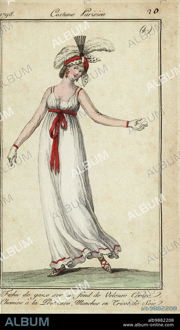 Fashionable woman in priestess dress, 1798. She wears a gauze kerchief on a cherry-red velvet hat decorated with cockade and plumes. Priestess-style chemise with sleeves in seethrough silk knit. Fichu de gaze sure un fond de velours cerise. Chemise a la pretresse. Manches en tricot de soie. Handcoloured copperplate engraving from Pierre de la Mesangeres Journal des Modes et Dames, Paris, 1798. The illustrations in volume 1 were by Carle Vernet, Claude Louis Desrais and Philibert Louis Debucourt.