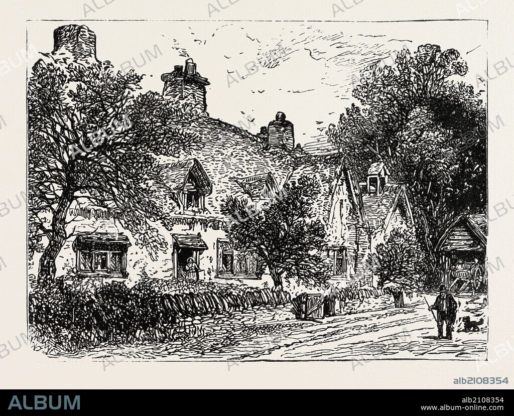 COTTAGE AT WILMCOTE, THE RESIDENCE OF ROBERT ARDEN, FATHER OF MARY ARDEN, SHAKESPEARE'S MOTHER, UK, britain, united kingdom, u.k., great britain, 1888 engraving.