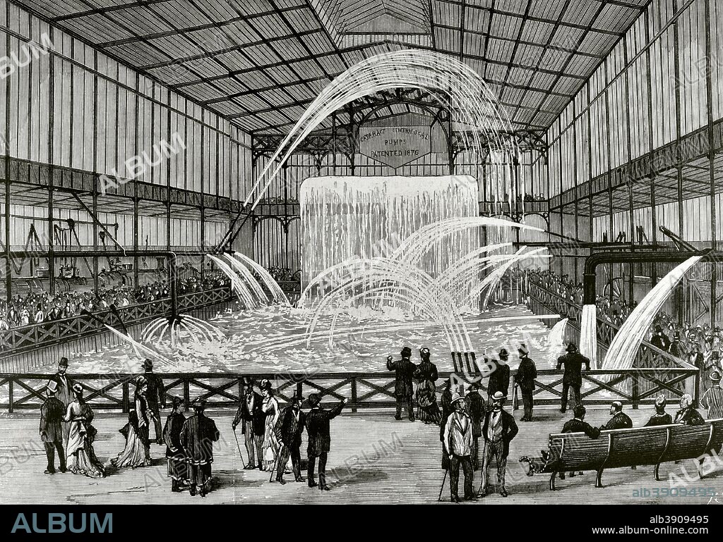 Estados Unidos. Exposición Universal de Filadelfia, 1876. Celebrada entre el 10 de mayo y 10 de noviembre de 1876, conmemorando el primer centenario de la firma de la Declaración de Independencia en la ciudad. Gran Catarata (Great Cataract) generada por bombas centrífugas, en Machinery Hall. Grabado. La Ilustración Española y Americana, 30 de julio de 1876. Biblioteca Histórico Militar de Barcelona. Cataluña, España.