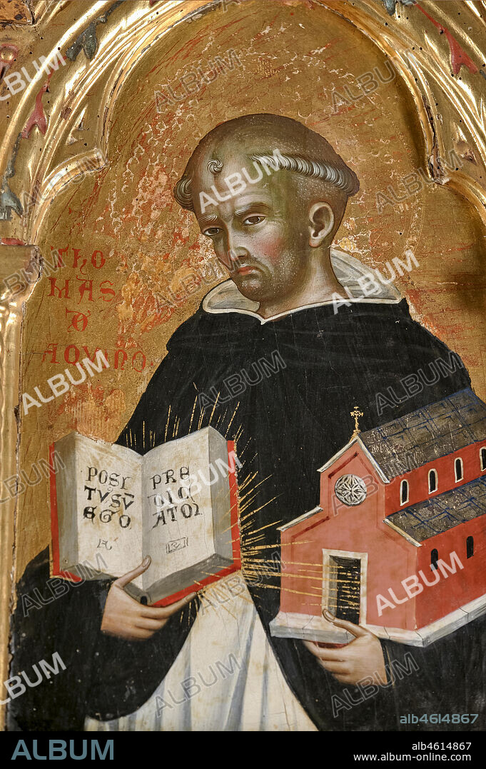 San Severino Marche, Pinacoteca Comunale: Paolo Veneziano, Polyptych (1358) with Saints. Detail of St. Thomas Aquinas holding a church in one hand and a book in the other one.
