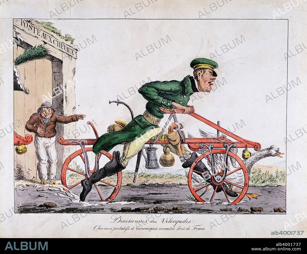 Draisienne or velocipede shown replacing horses in the French post