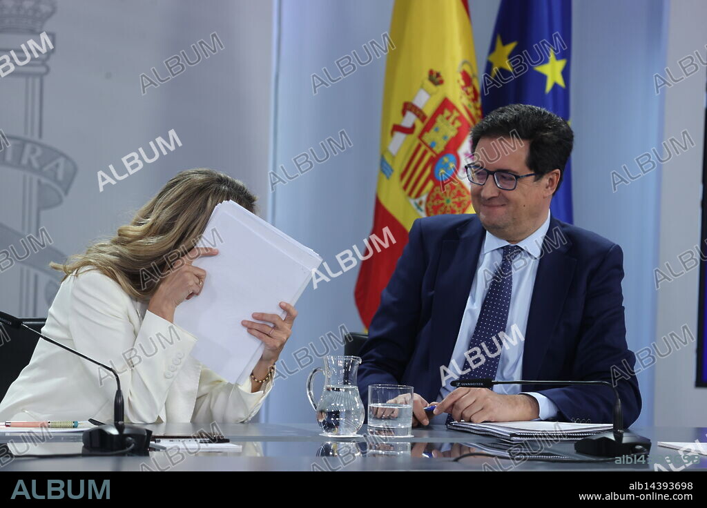 Madrid, 06/05/2025. Rueda de prensa posterior a la reunión del Consejo de ministros con la ministra portavoz, Pilar Alegría, acompañada por la ministra de Trabajo y Economía Social, Yolanda Díaz; la ministra de Vivienda y Agenda Urbana, Isabel Rodríguez, y el ministro para la Transformación Digital y de la Función Pública, Óscar López. Foto: Jaime García. ARCHDC.
