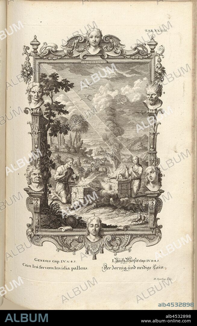 Cain's anger raging jealousy weak, Parallel Title: The Angry and Envious Cain; Cain and Abel, Signed: H. Sperling sculp, copperplate engraving, pl. XXXIII (vol. 1), Füssli, Johann Melchior; Sperling, Hieronymus (sculp.), 1731, Johann Jakob Scheuchzer: Kupfer-Bibel (...). Augspurg und Ulm: gedruckt bey Christian Ulrich Wagner, 1731-1735.