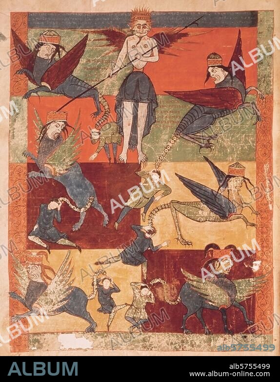 Buchmalerei, französisch, Gascogne, 3. Viertel 11. Jahrhundert. Der fünfte Engel der Apokalypse - Der Heuschreckenbrunnen. (Offenbarung 9,3). Aus der Apokalypse von St. Sever. Miniaturen zu einem Kommentar des Beatus de Liebana, entstanden in der Abtei St. Sever-sur-l'Adour. Ms. lat. 8878, fol. 145 v, Paris, Bibliothèque Nationale.