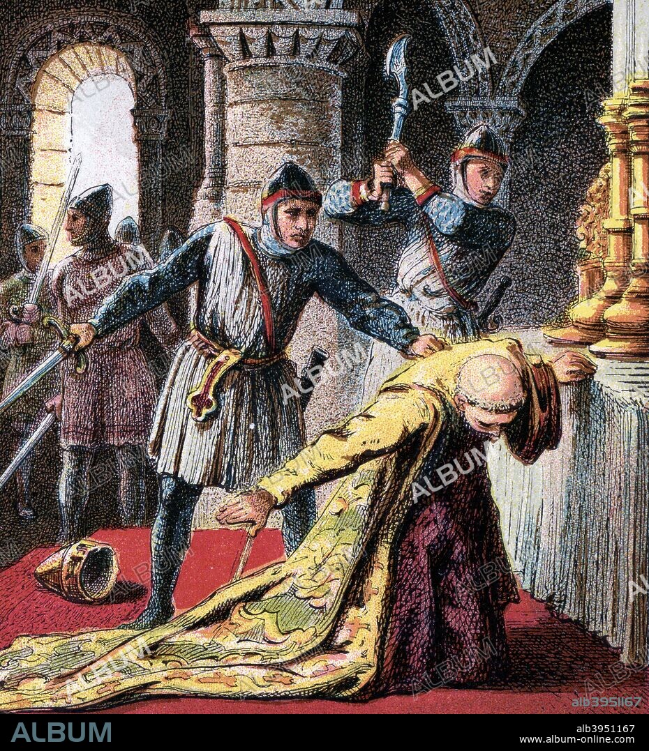 'Murder Of Thomas A Becket', 1170, (c1850). A sword's crushing blow extinguished the life of Thomas Becket, Archbishop of Canterbury. Colour plate from Pictures of English History, published by George Routledge & Sons, (London, New York, c1850).