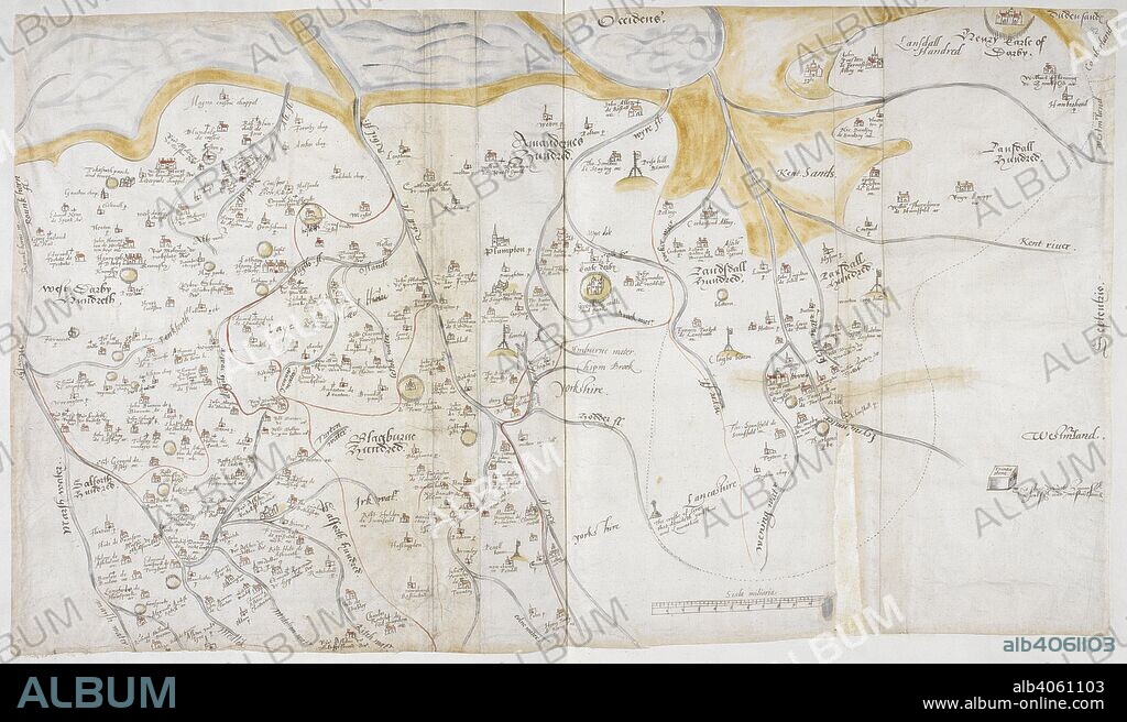 CHRISTOPHER SAXTON. A 16th century map of Lancashire, by Saxton. Lord Burghley's Atlas. London; 1579. Source: Royal 18 D. III, ff.81v-82. Language: English.
