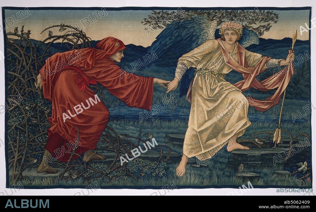 Love leading the Pilgrim, Tapestry, 1909 Designed by Sir Edward Burne-Jones. Made by Morris & Co. From the workshop of William Morris., Applied Arts, Textiles, Tapestry, Nature, Love.