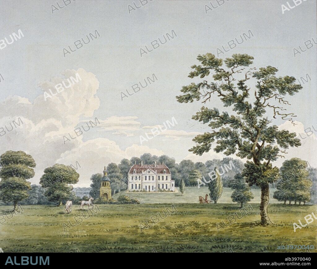 Hillingdon House, Hillingdon, Middlesex, c1820. Hillingdon House was built by Meinhardt Schomberg, 3rd Duke of Schomberg, who fought alongside William III at the Battle of the Boyne in 1690 and was knighted and made Duke of Leinster for his part in the battle. It was later the seat of Mary Watson-Wentworth, the Marchioness of Rockingham. Hillingdon is now in the London borough of Hillingdon.