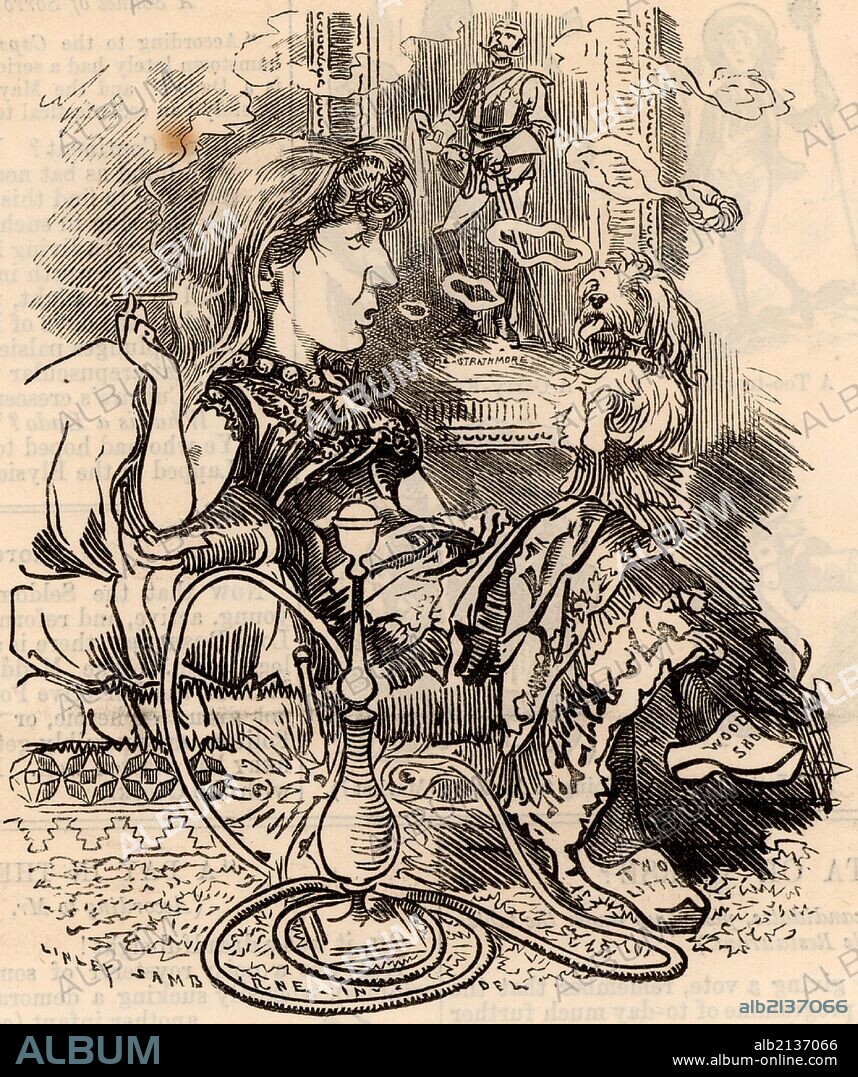 Ouida (1839-1908) pen name of Maria Louise Rame, English novelist born at Bury St Edmunds, Suffolk. Prolific romantic novelist and believer in animal rights. Among her titles were "Two Little Wooden Shoes" (1874) and "A Dog of Flanders" (1872).  Cartoon by Edward Linley Sambourne in the Punch's Fancy Portraits series from "Punch" (London, 20 August 1881). (Photo by: Universal History Archive/UIG via Getty Images).