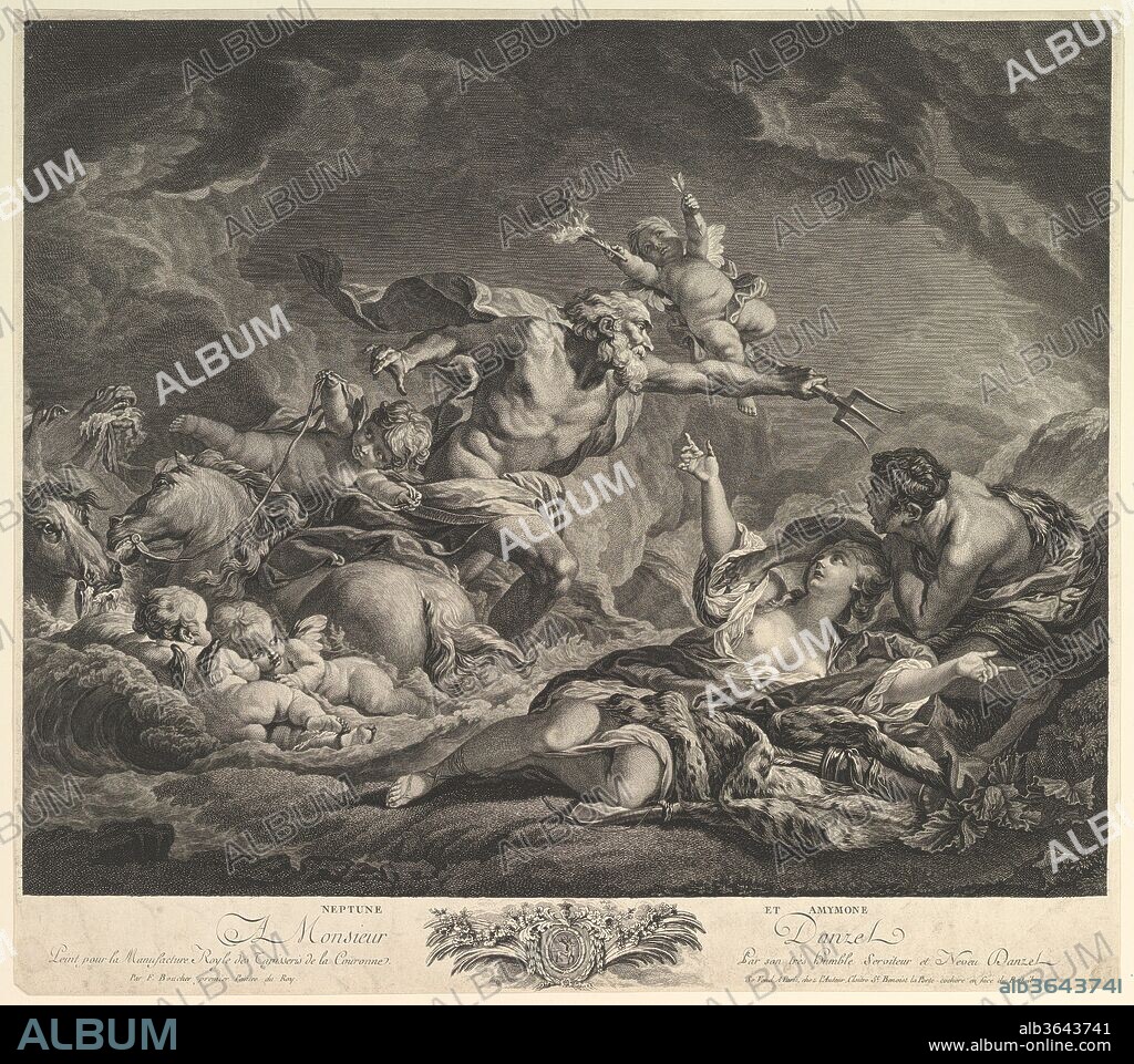 AFTER FRANÇOIS BOUCHER and JEAN CLAUDE DANZEL. Neptune and Amymone. Artist: After François Boucher (French, Paris 1703-1770 Paris); Jean Claude Danzel (French, Abbeville 1737-1809). Dimensions: Sheet: 16 3/4 x 18 13/16 in. (42.5 x 47.8 cm). Date: 18th century.