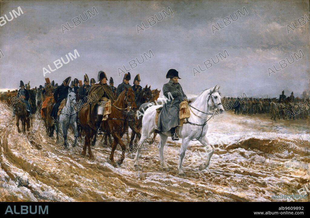 JEAN LOUIS ERNEST MEISSONIER. 'Le Campagne de France 1814', (1864). Napoleon Bonaparte (1769-1821) leads the remnants of his army through mud and snow during the French campaign of 1814. The combined armies of Britain, Russia, Prussia and Austria eventually defeated the French and forced Napoleon to abdicate.