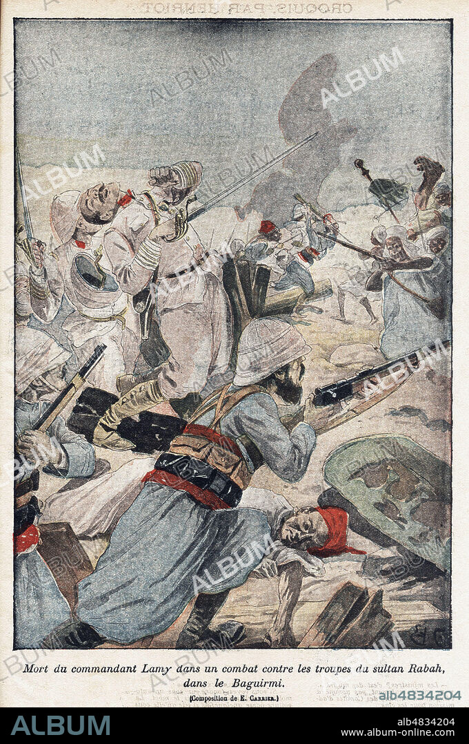 Mort du commandant Francois LAMY (1858-1900) dans un combat contre les troupes du sultan RABAH dans le Baguirmi. Illustration de Edouard CARRIER (19 s.) pour Le Pelerin du 12 aout 1900. Credit : Collection Jonas/Kharbine-Tapabor.