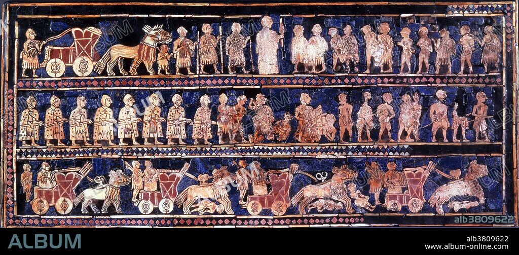 The The Standard of Ur comes from the ancient city of Ur (modern Iraq south of Baghdad). It dates to the Early Dynastic period and is 4,600 years old. The standard was probably constructed in the form of a hollow wooden box with scenes of war and peace represented on each side through elaborately inlaid mosaics. Although interpreted as a standard by its discoverer, its original purpose remains enigmatic. It was found in a royal tomb in Ur in the 1920s next to the skeleton of a ritually sacrificed man who may have been its bearer. The war panel shows the king in the middle of the top register, standing taller than any other figure, with his head projecting out of the frame to emphasize his supreme status. In the middle register, eight virtually identically depicted soldiers give way to a battle scene, followed by a depiction of enemies being captured and led away. The lower register shows four chariots, each carrying a charioteer and a warrior (carrying either a spear or an axe) and drawn by a team of four equids.