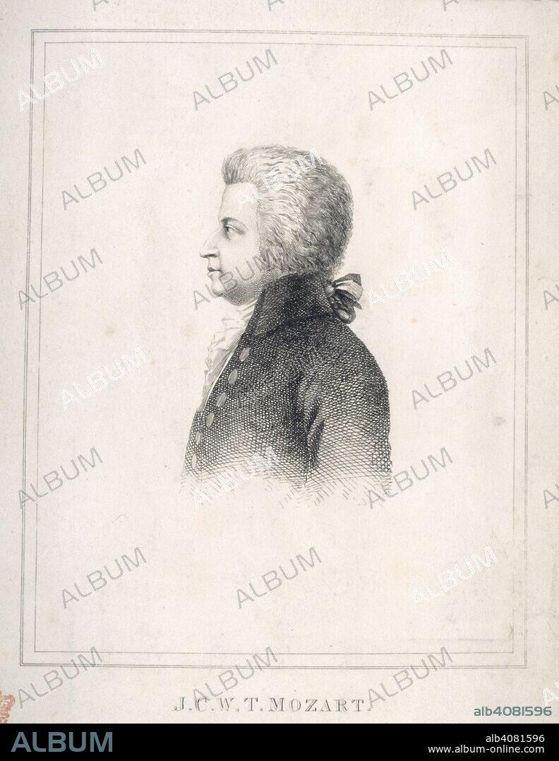 J.C.W.T. Mozart. Collections by Eliza Wesley relating to English an. XIXth cent. Wolfgang Amadeus Mozart (1756-91). Austrian composer. Portrait.  Image taken from Collections by Eliza Wesley relating to English and foreign composers, musicians, singers and others, consisting of engraved portraits, photographs, newspaper-cuttings, and other printed matter, with a few original letters, etc. The names are all given in the index.  Originally published/produced in XIXth cent. . Source: Add. 35027, f.44.