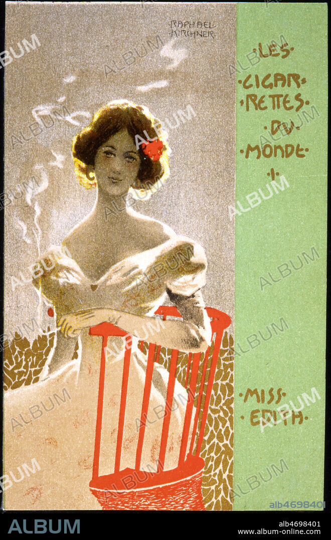 'Les cigarettes du monde. I : Miss Edith'. Publicite representant une femme assise sur une chaise qui fume, sans date. Illustration de Raphael KIRCHNER (1876-1917). Credit : Collection KHARBINE-TAPABOR.