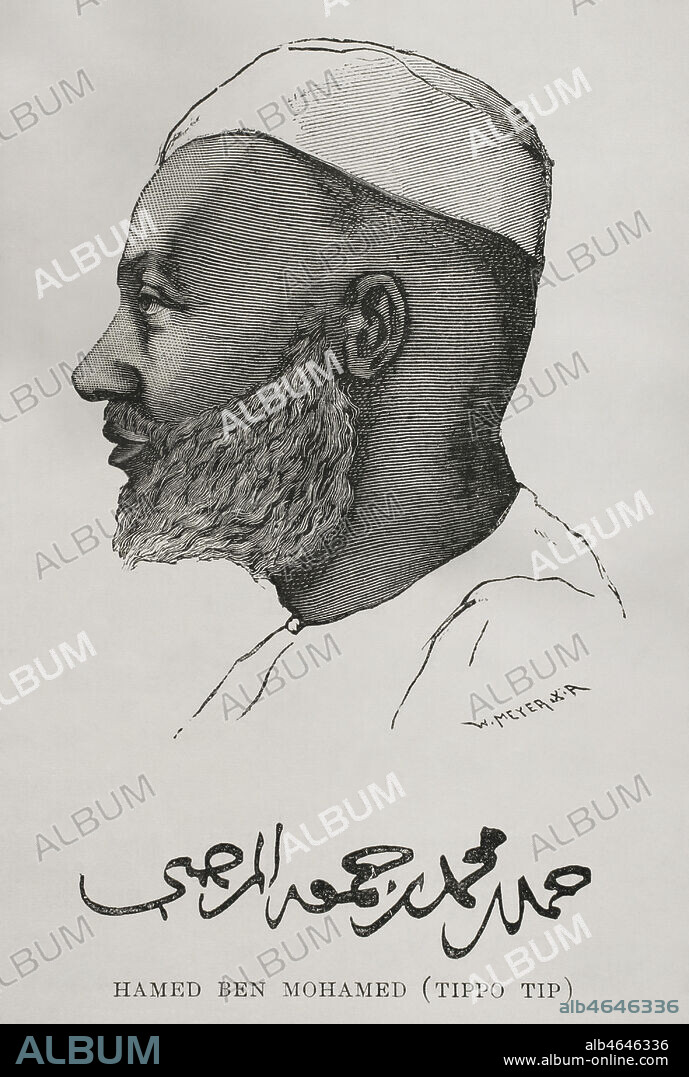 Tippu Tib (Hamed bin Mohamed el Marjebi) (1837-1905). Famoso comerciante suajili de esclavos, originario de Zanzíbar. Entre 1876 y 1877 acompañó a Henry Morton Stanley en una expedición por el río Congo. Grabado por W. Meyer. El Congo y la Creación del Estado Independiente de este nombre. Historia de los Trabajos y Exploraciones Verificados, por Enrique M. Stanley. Editada en Barcelona, hacia 1890. España.