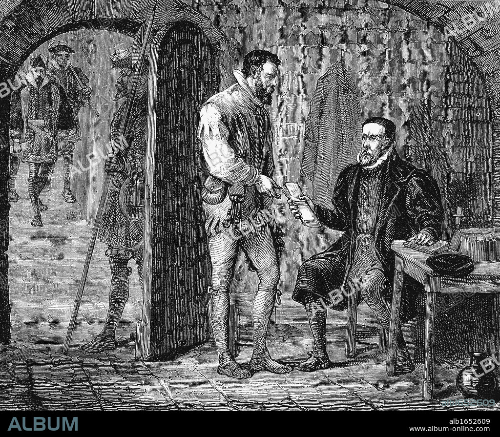 William Tyndale of Tindale (c1494-1536), English translator of the Bible, on morning of his death, giving his jailer a packet for John Rogers (pseudonym of Thomas Mather) thought to have contained his work on the Old Testament. Late 19th century wood engraving.