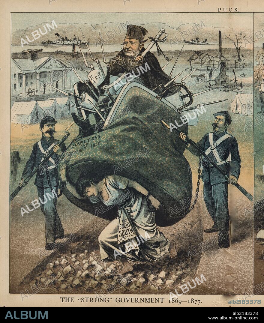 Two part cartoon showing: woman, "the Solid South", carrying Ulysses S. Grant in a carpet bag marked "carpet bag and bayonet rule"; Rutherford B. Hayes plowing under the carpet bag & bayonets with a plow marked "Let'em alone policy".