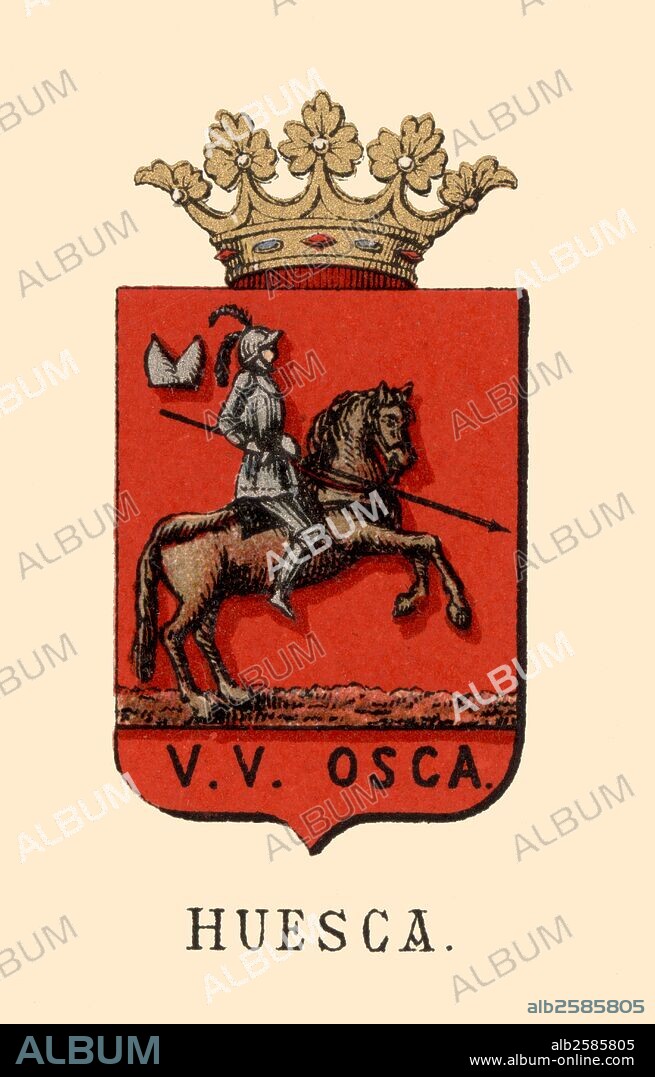 España. Heráldica. Escudo de armas de la provincia de Huesca. Grabado de 1878.