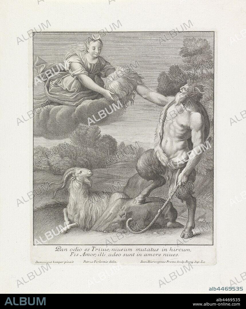 Diana and Pan Pan odio es Triuie, niueum mutatus in hircum, Fis Amor, illi adeo sunt in amore niues (title on object) The life of Diana (series title), Pan gives the goddess Diana, who floats through the air, snow-white wool and wins her love. Next to pan is a goat, the symbol of lust., Diana (Luna) allured by Pan with a fleece or a bundle of wool (Virgil, 'Georg.' III 391-393), Giovanni Girolamo Frezza (mentioned on object), 1686 - 1748, paper, engraving, h 266 mm × w 211 mm.