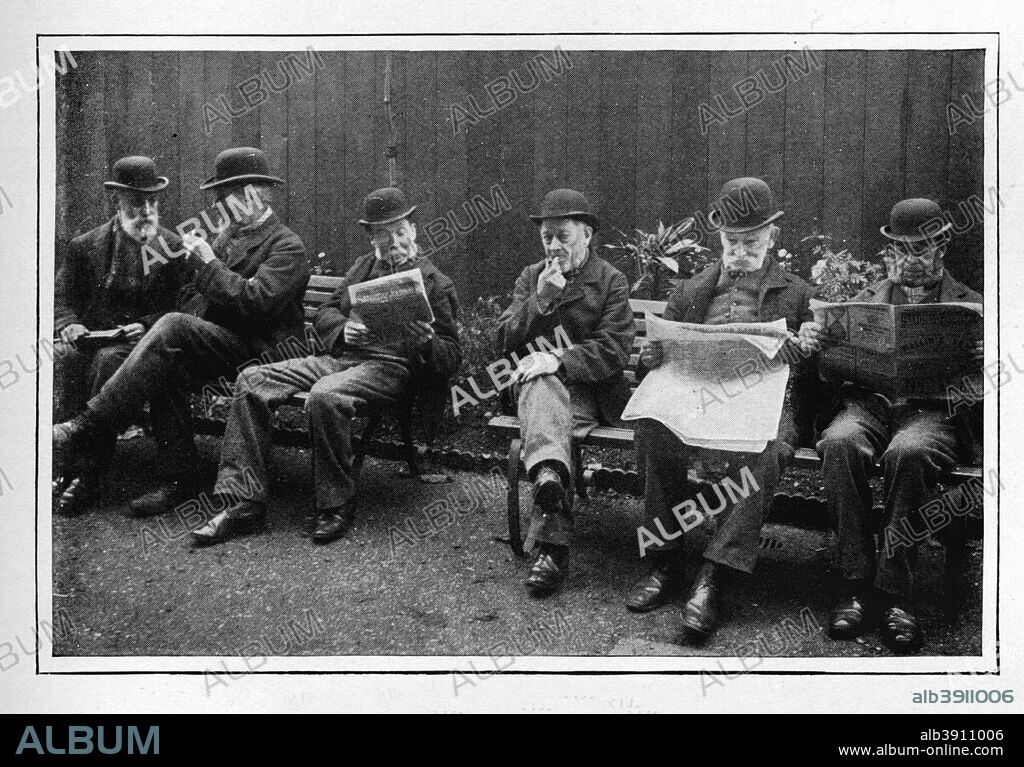 In the airing yard, St Marylebone Workhouse, Luxborough Street, London, c1901 (1903). The St Marylebone Workhouse airing yards provided segregated outdoor exercise areas for each class of inmate. From Living London, Vol. II, by George R. Sims. [Cassell and Company, Limited, London, Paris, New York & Melbourne, 1903].