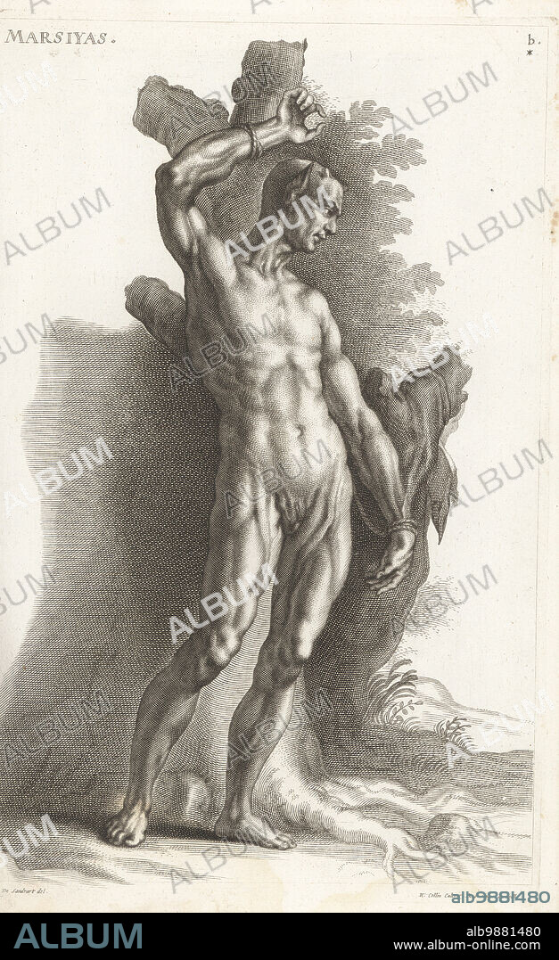 Marsyas, with pointed ears and horns, is tied to a tree to be flayed alive. In Greek myth, the satyr Marsyas challenged Apollo to a music contest and was skinned alive for losing. From a sculpture in the Galleria Giustiniana. Marsiyas. Copperplate engraving by Richard Collin after an illustration by Joachim von Sandrart from his LAcademia Todesca, della Architectura, Scultura & Pittura, oder Teutsche Academie, der Edlen Bau- Bild- und Mahlerey-Kunste, German Academy of Architecture, Sculpture and Painting, Jacob von Sandrart, Nuremberg, 1675.