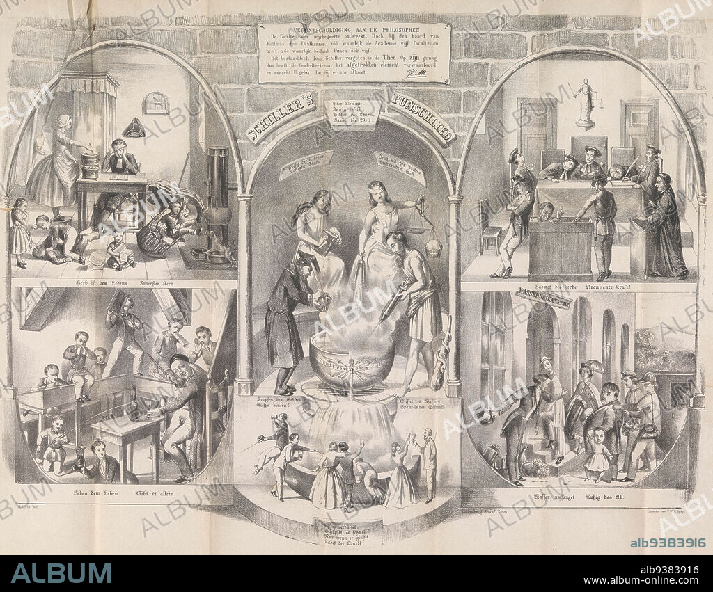 Cartoon in Leiden student almanac, 1863, Schiller's Punschlied (title on object), Schiller's Punschlied allegorically represented in the Theological, Literary, Legal and Medical faculties. At the top a verse. This print loose in a separate folder in the front of the almanac. Cartoon in the student almanac of the University of Leiden of the year 1863., print maker: Gerardus Johannes Bos (mentioned on object), J. l'Ange Huet (mentioned on object), print maker: Netherlands, Netherlands, printer: Netherlands, publisher: Leiden, 1863, paper, height 447 mm × width 578 mm.