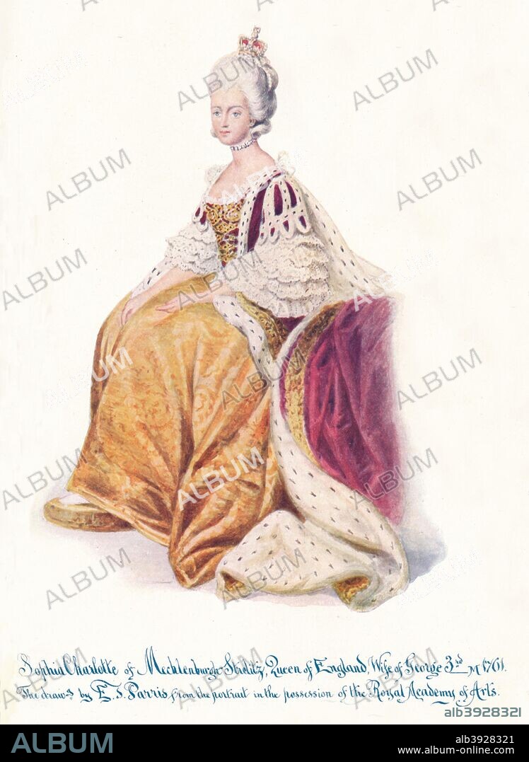 'Sophia Charlotte of Mecklenburgh Strellitz, Queen of England, Wife of George 3rd', 1911. Charlotte of Mecklenburg-Strelitz (1744-1818) wife of King George III (1738-1820). She was Queen of Great Britain and Ireland from her marriage in 1761 until the union of the two kingdoms in 1801, after which she was Queen of the United Kingdom of Great Britain and Ireland until her death in 1818. From The Connoisseur Vol XXXI. [Otto Limited, London, 1911].