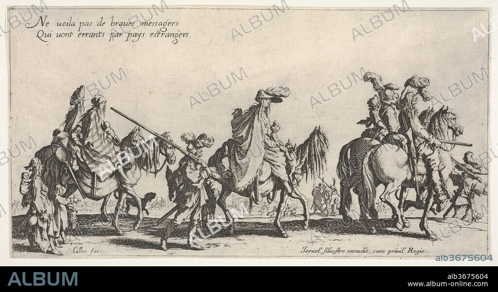 The Marching Gypsies (Les bohémiens en marche), also called The Advance Guard (L'avant-garde). Artist: Jacques Callot (French, Nancy 1592-1635 Nancy). Dimensions: sheet: 4 15/16 x 9 5/16 in. (12.5 x 23.6 cm). Publisher: Israël Henriet (French, Nancy ca. 1590-1661 Paris). Series/Portfolio: The Gypsies (Les bohémiens). Date: 1621-31.