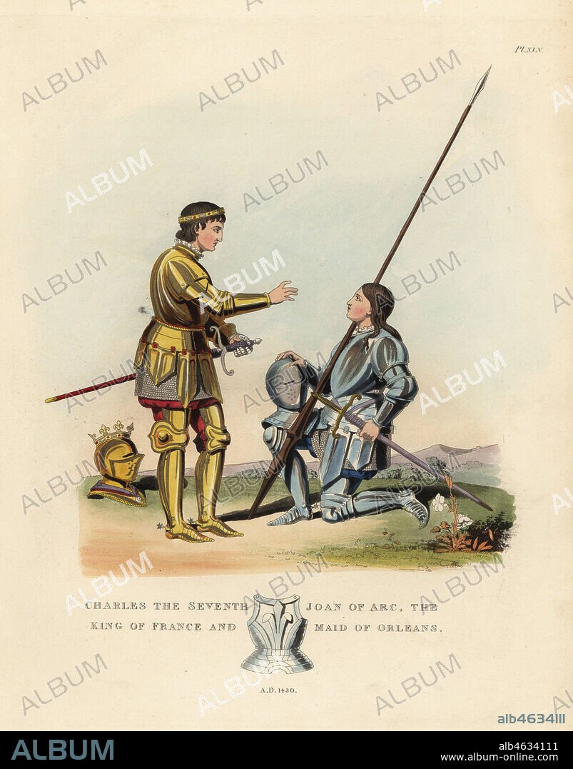 Charles VII King of France, and Joan of Arc, the Maid of Orleans, 1420. They wear suits of plate armour with tuiles or toiles hanging over the thighs. Joan of Arc wears a man's armour, She carries a sword, lance and helmet. Handcoloured lithograph by Maddocks after an illustration by S.R. Meyrick from Sir Samuel Rush Meyrick's A Critical Inquiry into Antient Armour, John Dowding, London, 1842.