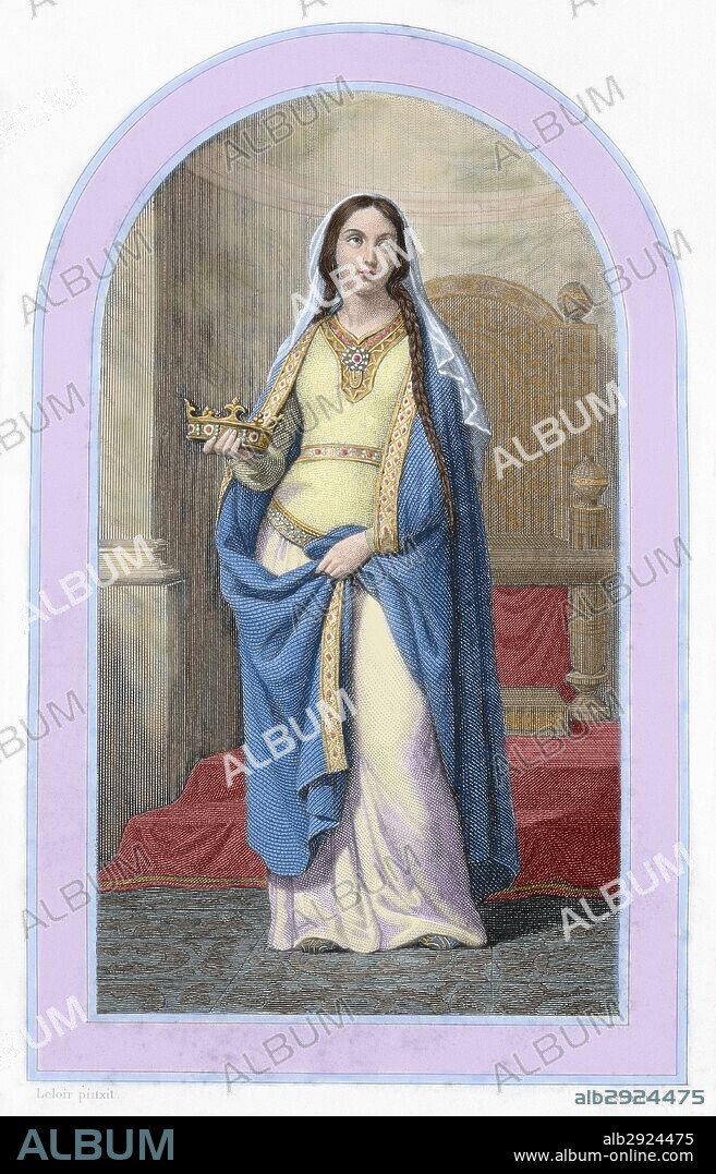 Saint Clotilde (475-545). Queen of All the Franks. Second wife of King Clovis I. Colored engraving. 19th century.