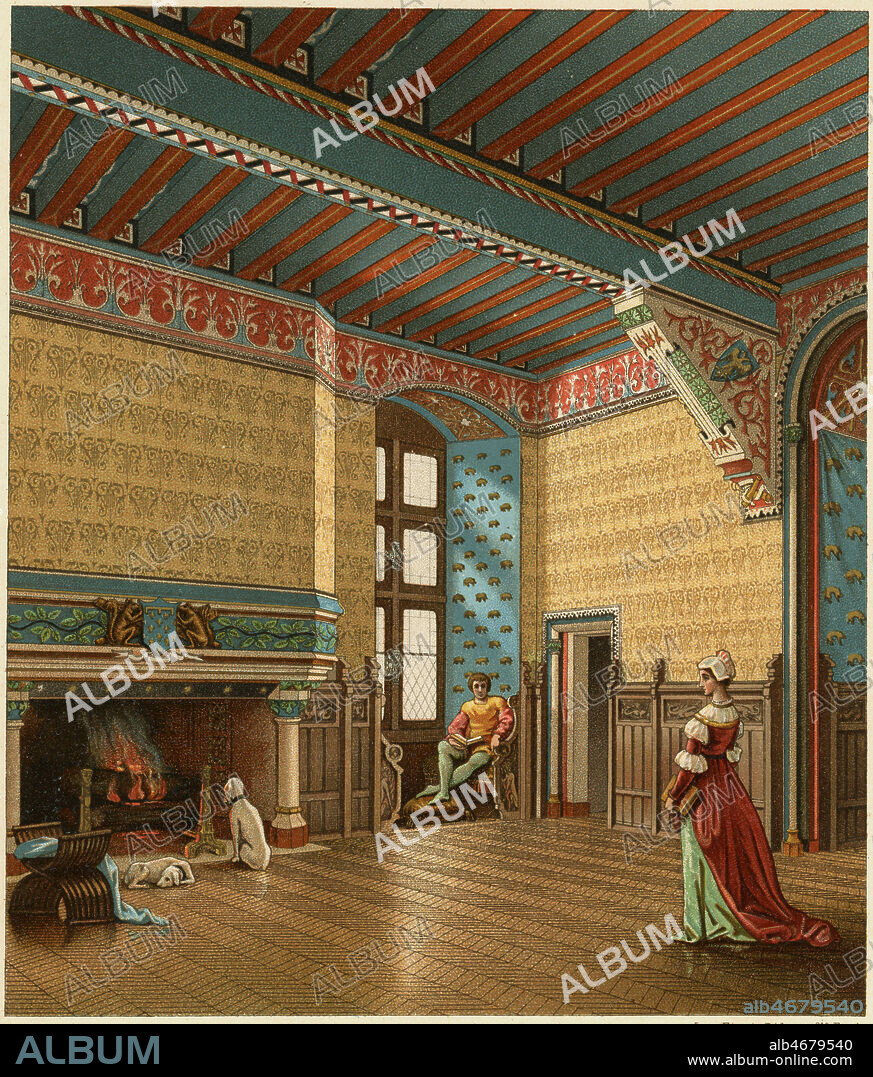 Vie au Moyen-Age: Interieur de l'habitation francaise, debut du 15eme siecle . Reproduction d'une piece du chateau de Pierrefonds restaure par Viollet-Leduc. Chromolithographie in Le Costume Historique par A. Racinet, vers 1850 . Credit Collection Kharbine Tapabor.