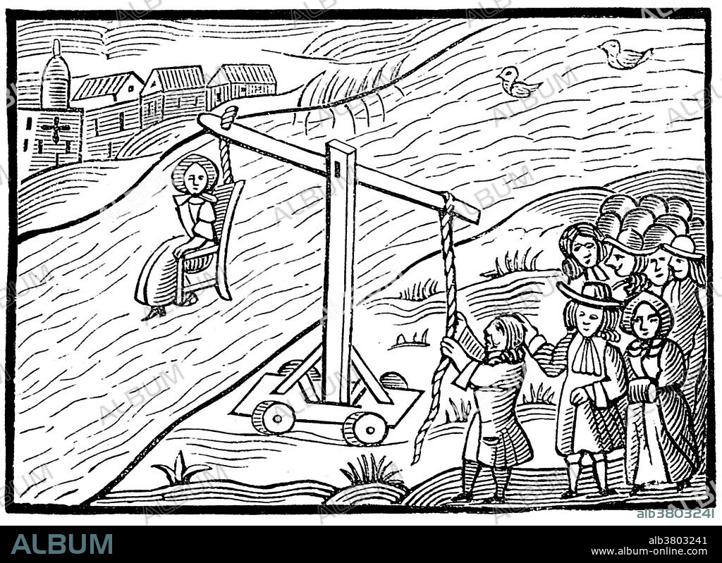 Cucking stools or ducking stools were chairs formerly used for punishment of disorderly women, scolds, and dishonest tradesmen. An instrument of public humiliation and censure. The ducking-stool was a strongly made wooden armchair in which the offender was seated, an iron band being placed around her so that she should not fall out during her immersion. The earliest record of the use of such is towards the beginning of the 17th century, with the term being first attested in English in 1597. Usually the chair was fastened to a long wooden beam fixed as a seesaw on the edge of a pond or river. Sometimes, however, the ducking-stool was not a fixture but was mounted on a pair of wooden wheels so that it could be wheeled through the streets, and at the river-edge was hung by a chain from the end of a beam. In sentencing a woman the magistrates ordered the number of duckings she should have. Another type of ducking-stool was called a tumbrel. It was a chair on two wheels with two long shafts fixed to the axles. This was pushed into the pond and then the shafts released, tipping the chair up backwards. Sometimes the punishment proved fatal and the victim died of shock.