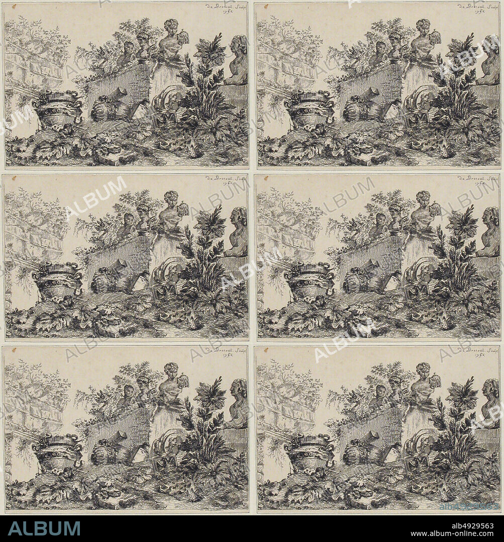 Comte de Jacques Laure Breteuil, Landscape with Ruins of Statues and Vases, Comte de Jacques Laure Breteuil (French, 17301750), 1746, Etching, Sheet: 7 1/2 × 11 1/16 in. (19.1 × 28.1 cm), Plate (trimmed, inlaid): 4 5/8 × 6 13/16 in. (11.8 × 17.3 cm), Prints.