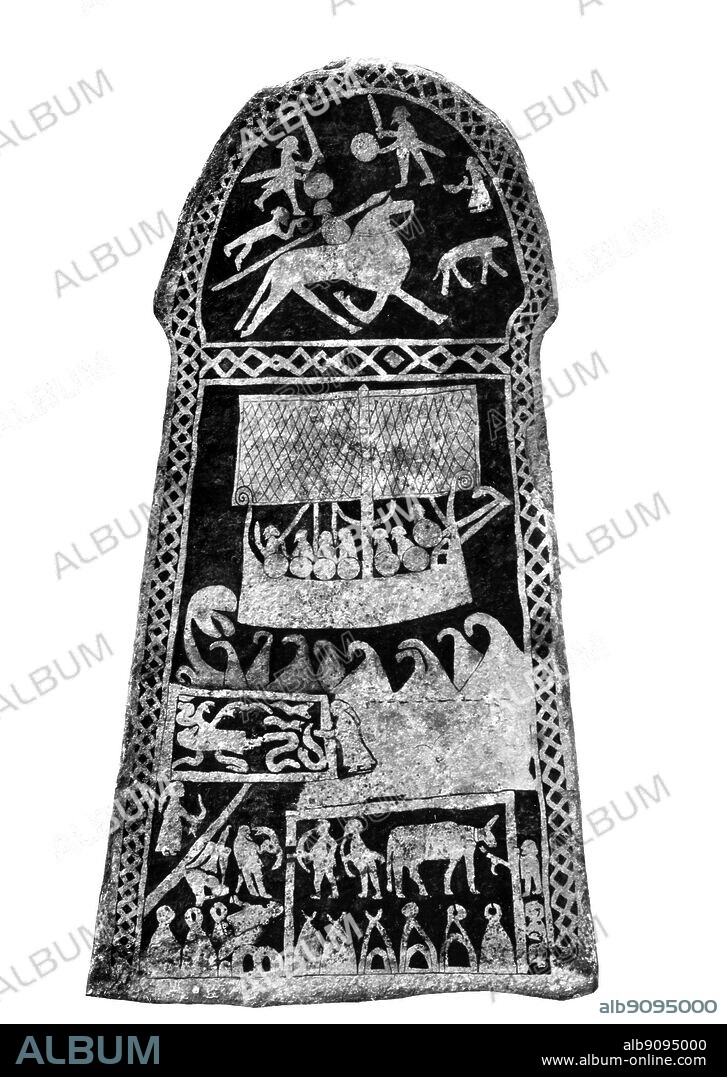 Gotland pictorial stone : large flag stones of relief carvings decorated to commemorate the dead , Klintebys , Klinte Parish , Gotland , Sweden.