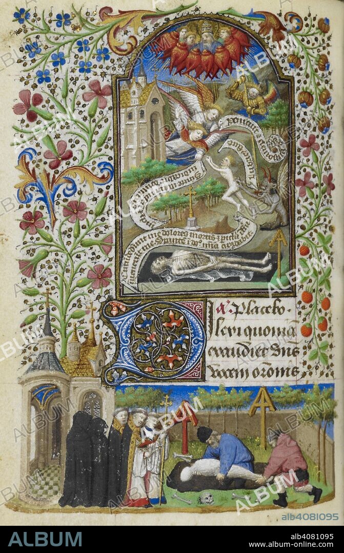 Miniature of a corpse lying in an open grave in a churchyard, with a scroll above reading 'Circumdederunt me dolores mortis et pericla inferni inuenerunt me. Sperantem in domino misericordia circumdabit.' To the right, a demon emerges from the earth and snatches at the nude soul which rises from the corpse, with a scroll reading 'Libricus fuit'. Two angels fly towards the soul, with scrolls reading 'Penituit et elemosinam dedit,' and 'Sinite illam: iustum et impium iudicabit dominus'. Above is God the Father surrounded by red angels. With a full foliate border, including a lower miniature of mourners surrounding a body being laid in a grave, at the beginning of the Office of the Dead. Book of Hours, Use of Rome ('The Dunois Hours'). France, Central (Paris); c. 1440 - c. 1450 (after 1436). Source: Yates Thompson 3, f.201v. Language: Latin, with a French calendar.