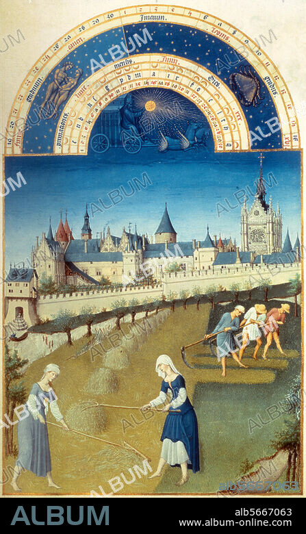 LIMBURG (GEBRUEDER). French book illumination, c. 1416, "Les tres riches heures du Duc de Berry". (illuminated by the Limburg brothers).- "Calendar page June." - (Hay harvest; in the background view of Paris with Sainte-Chapelle). 13.5 × 15.5cm. Ms. 65, Chantilly, Musée Condé.