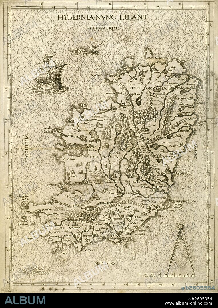 "HYBERNIA NUNC IRLANT" (aproximadamente 1570). Mapa de IRLANDA realizado por un miembro de la llamada "Escuela de Lafreri", presumiblemente Antonio Lafreri en el siglo XVI. Grabado por Paolo Forlani en el siglo XVI a partir del mapa original editado.